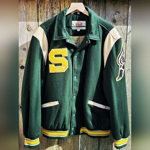 Schott NYC Green Wool/Leather Snap-Front Varsity Jacket 3XL